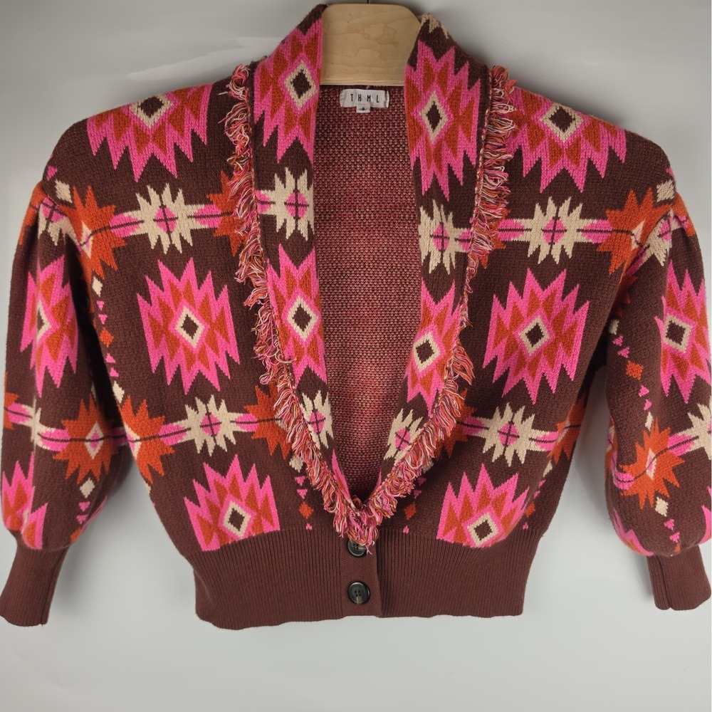 THML Pink Brown Aztec Fringed Lapel Cardigan Sweater Sz S Oversized